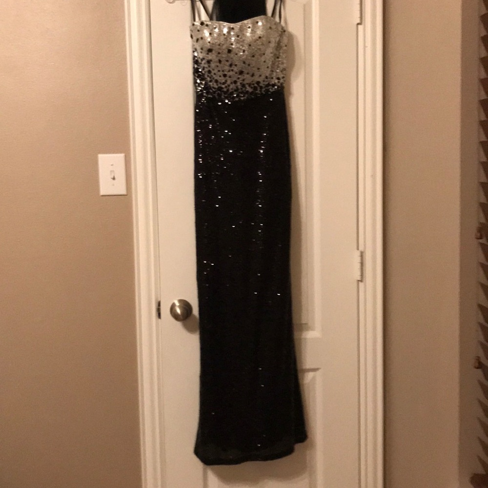 Terry Costa black and silver sequin prom dress